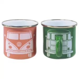 2 mugs en émail VW Combi T1 vert et rose : un duo parfait pour voyageurs
