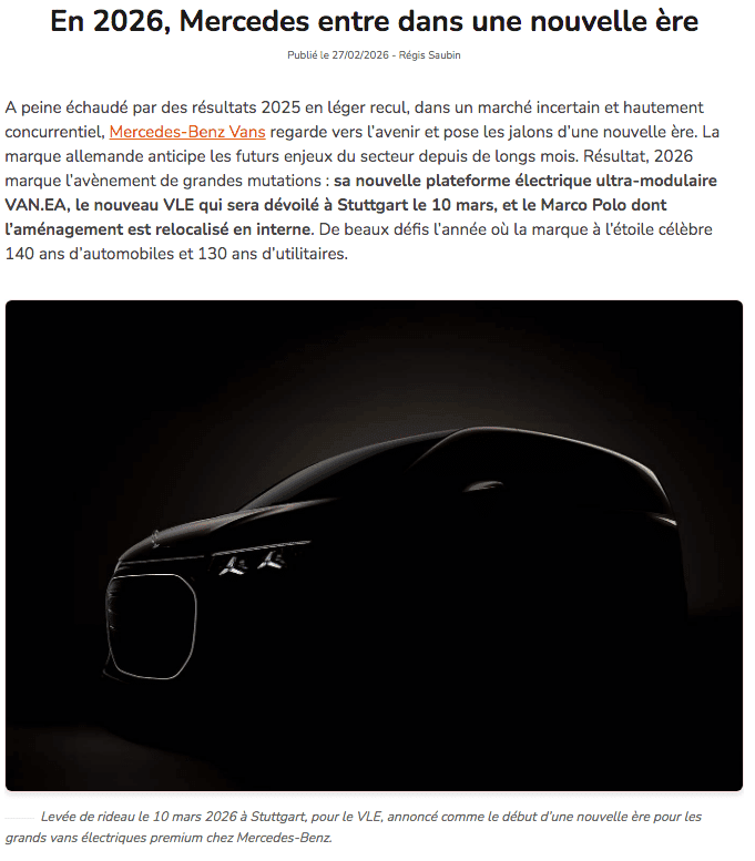 Mercedes VLE électrique première mondiale 10 mars 2026 Stuttgart van électrique
