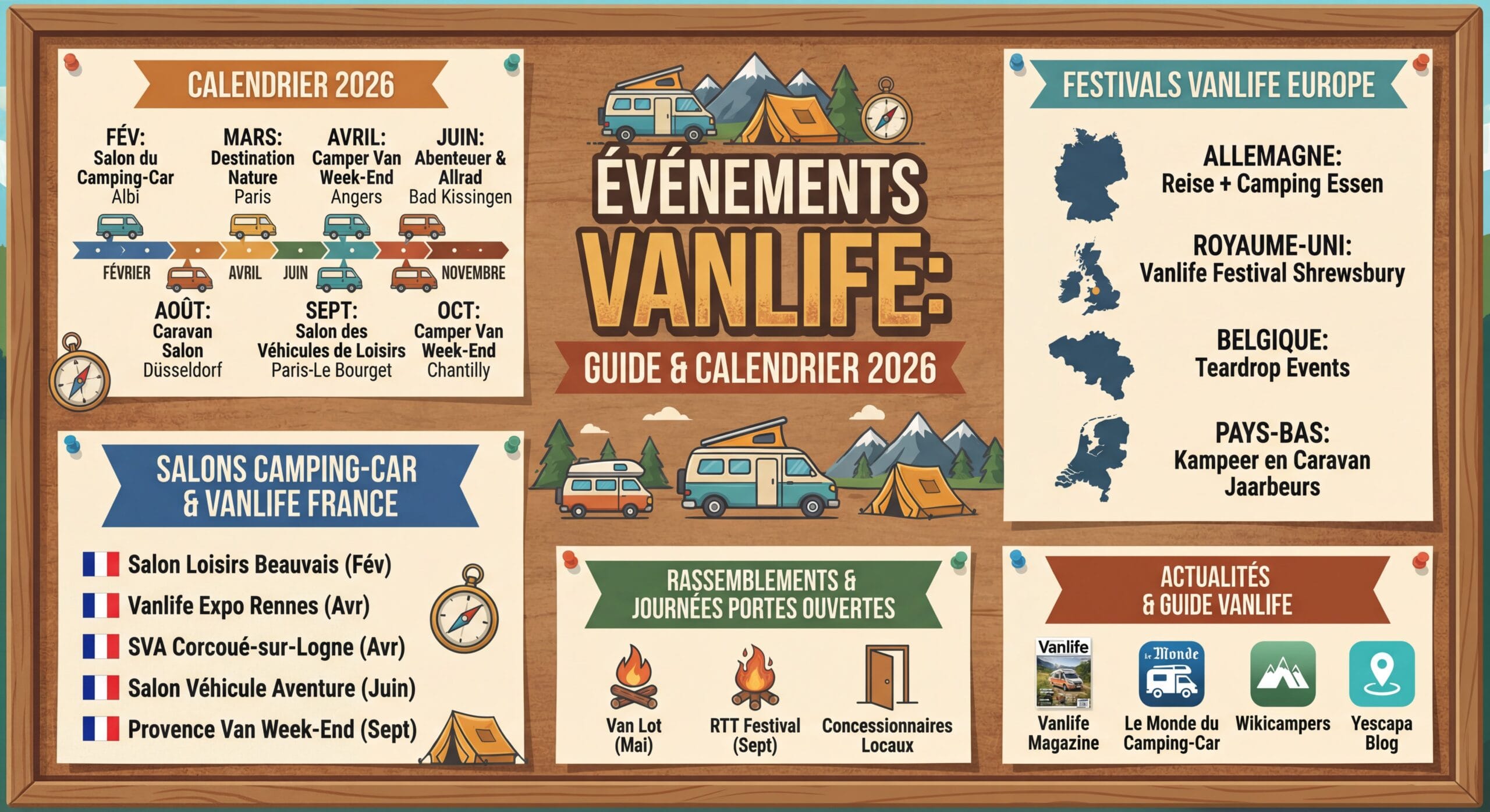 Calendrier événements vanlife 2026 avec vans aménagés et fourgons exposés lors d'un salon camping-car en France