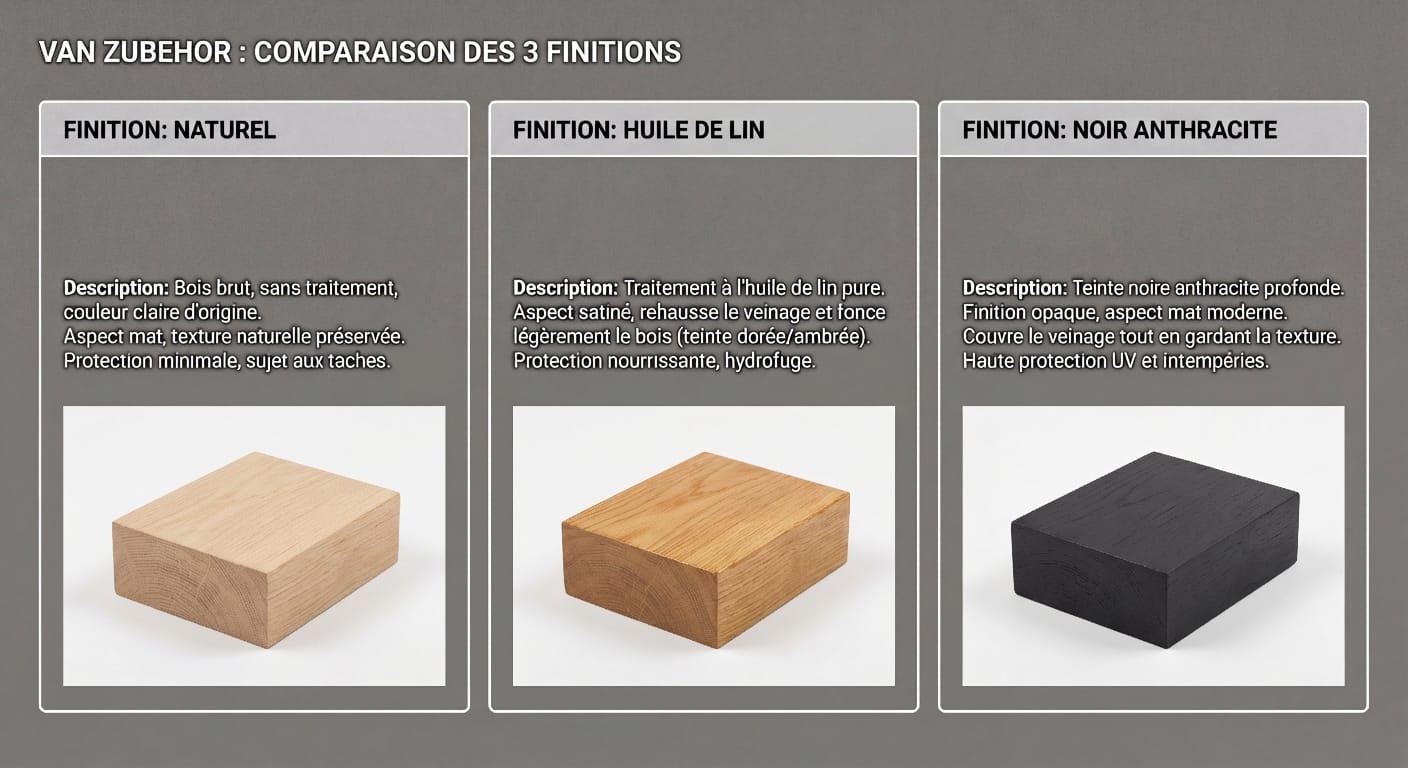 Comparaison 3 finitions VAN-ZUBEHÖR naturel huile de lin noir