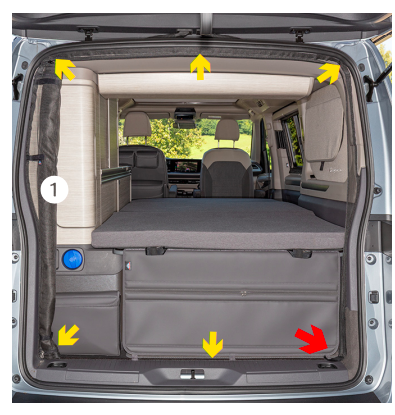 Vue d'ensemble pose velcro FLYOUT BRANDRUP hayon VW T7 California Ocean Coast — Fig. 1