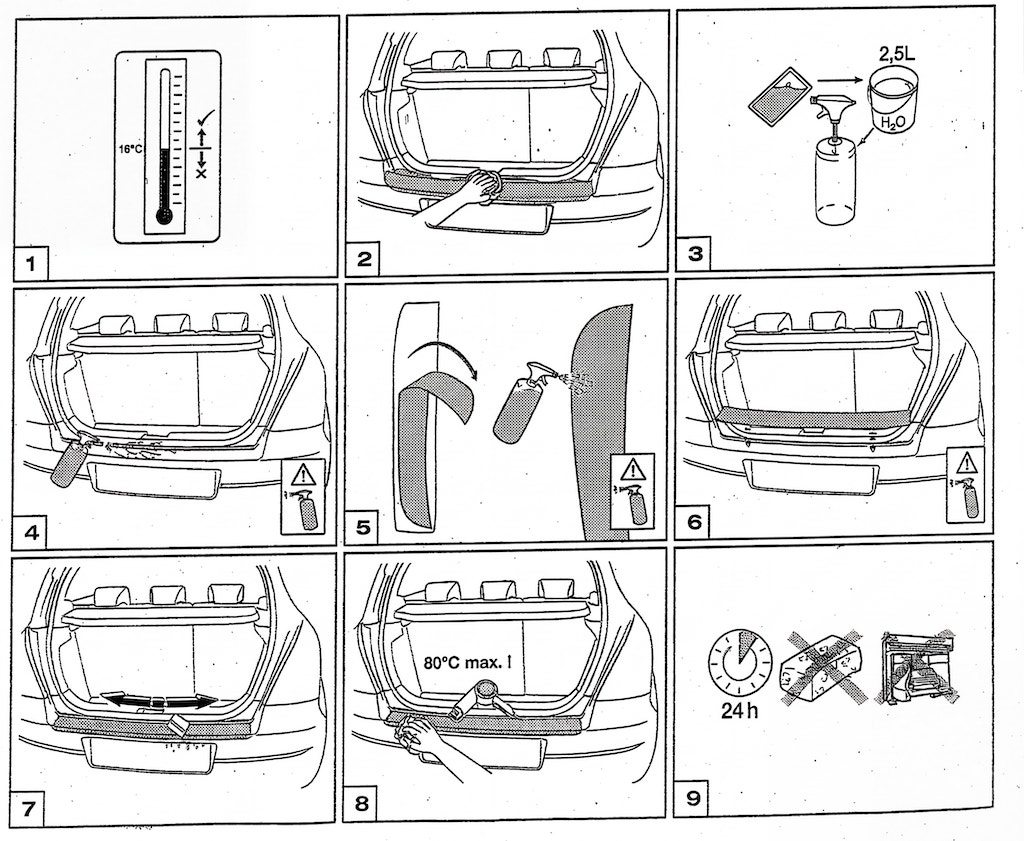 Schéma de montage films de protection carrosserie BRANDRUP — solution savonneuse et spatule